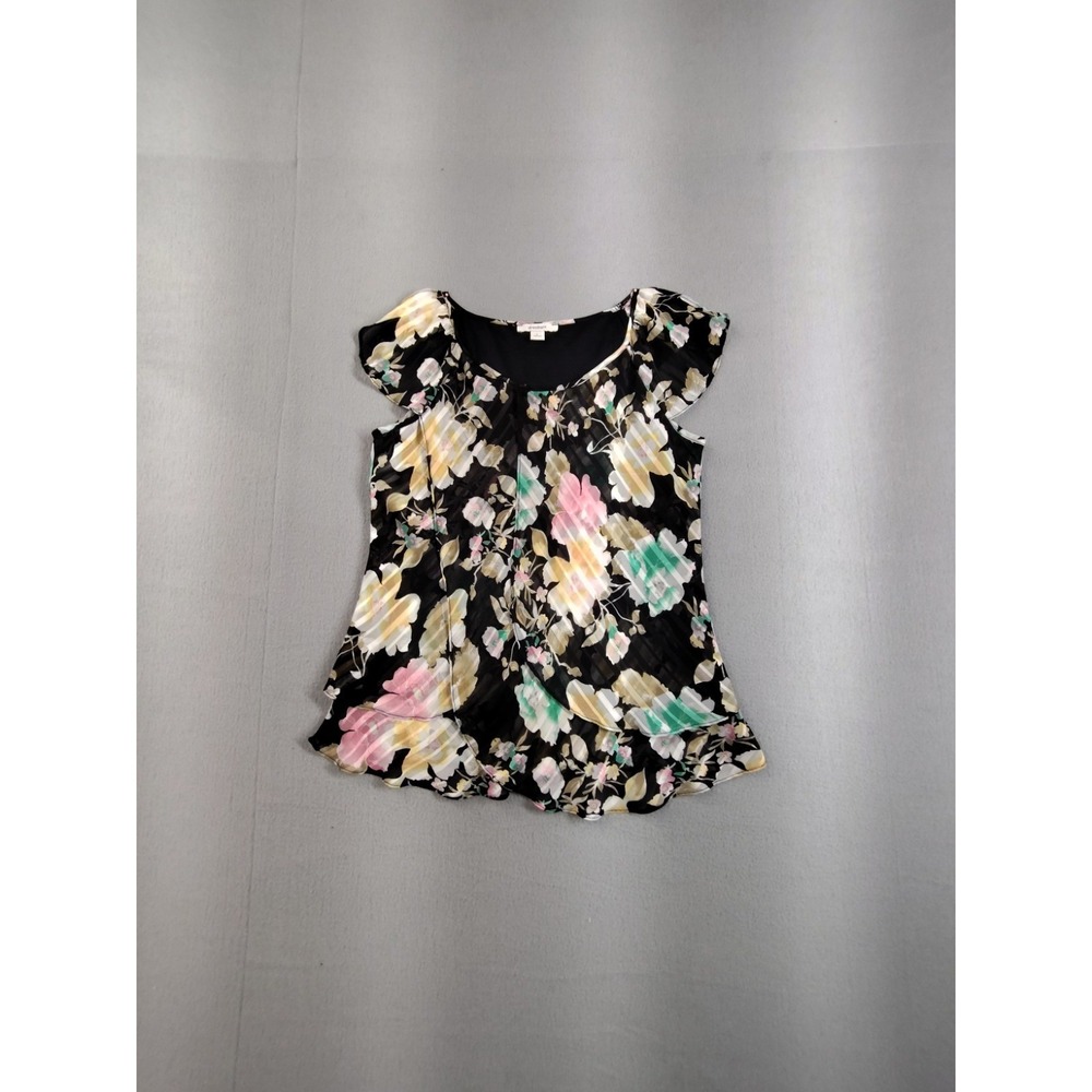 Dressbarn Women Tops‎ L Multicolor Floral Round Neck Cap Sleeve Ruffled Casual